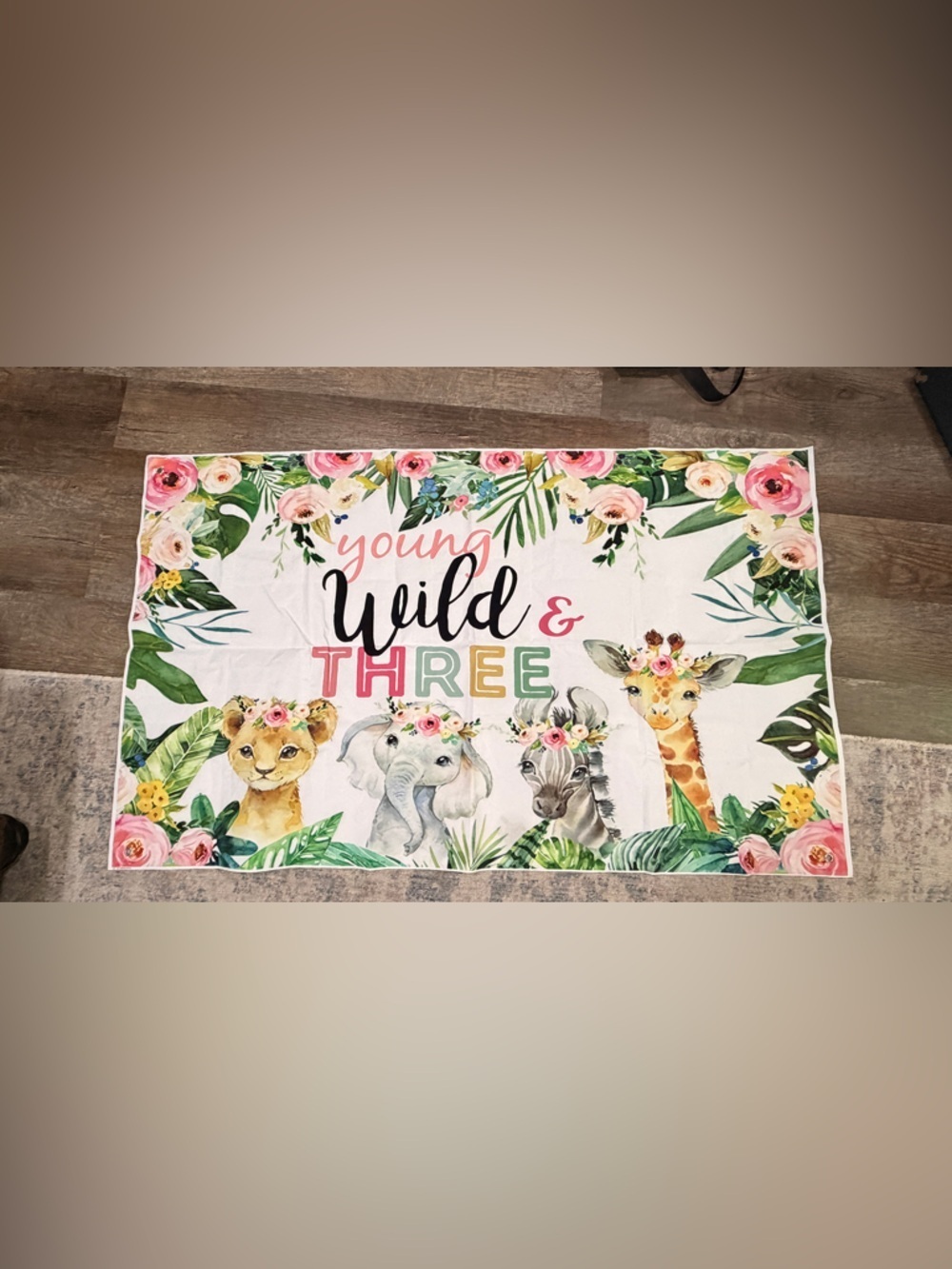 Young, Wild & Three Jungle Animal Floral Banner